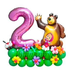 Композиция из воздушных шаров «Маша и Медведь с цифрой 2»